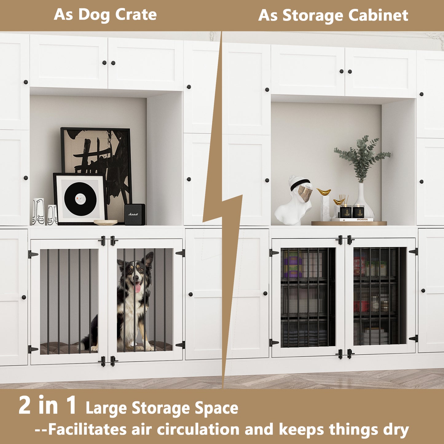 NARTRU Large Dog Crate Furniture Cabinet with 7 Storage Shelves with Doors for Small, Medium or Large Dog, White