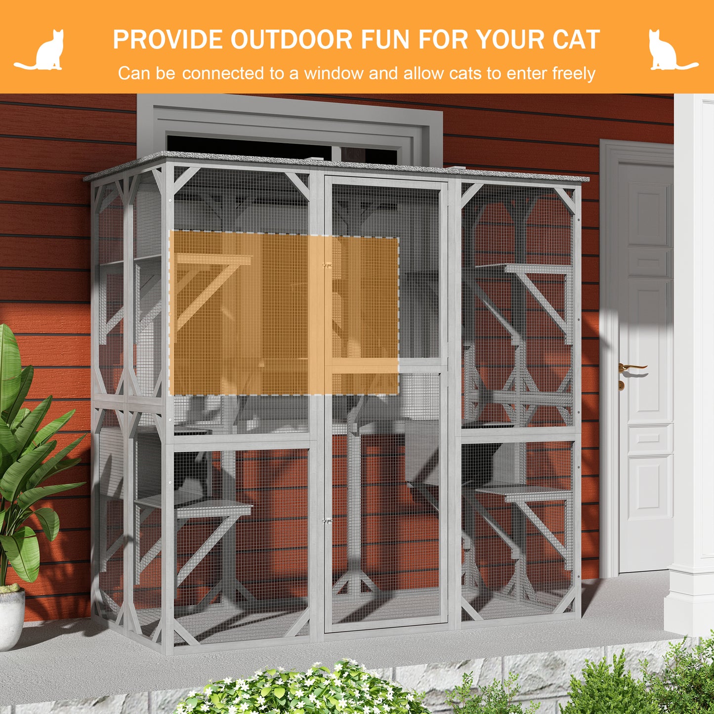 NARTRU 71" Outdoor Wooden Cat House Catio Cage Enclosure, Weatherproof Walk-in Cat Kennel Condo with 7 Platforms and 2 Resting Boxes, Gray