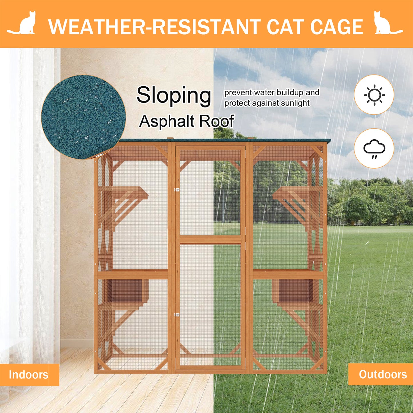 NARTRU Outdoor Cat House Catio, 71" Large Wooden Cats Catio Cat Cage Enclosure, Weatherproof Walk-in Cat Kennel Condo with 7 Platform and 2 Resting Box, Orange