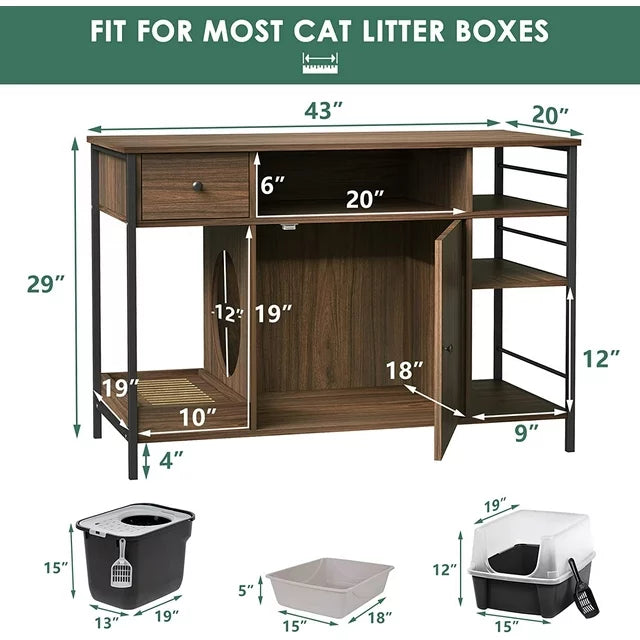 NARTRU 6 in 1 Cat Litter Box Enclosure Furniture with Litter Catcher, Wooden Cat Washroom with Drawer and Shelves, Hidden Litter Box Cat Cabinet