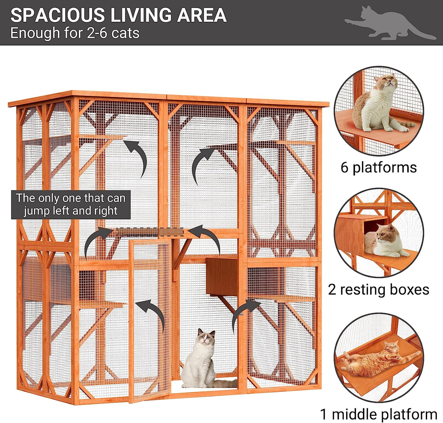 NARTRU Large Wooden Outdoor Cat Catio Enclosure, Large Cat House with Weather Protection, Walk in Cat Cage Condo with Super Large Enter Door ( Orange )
