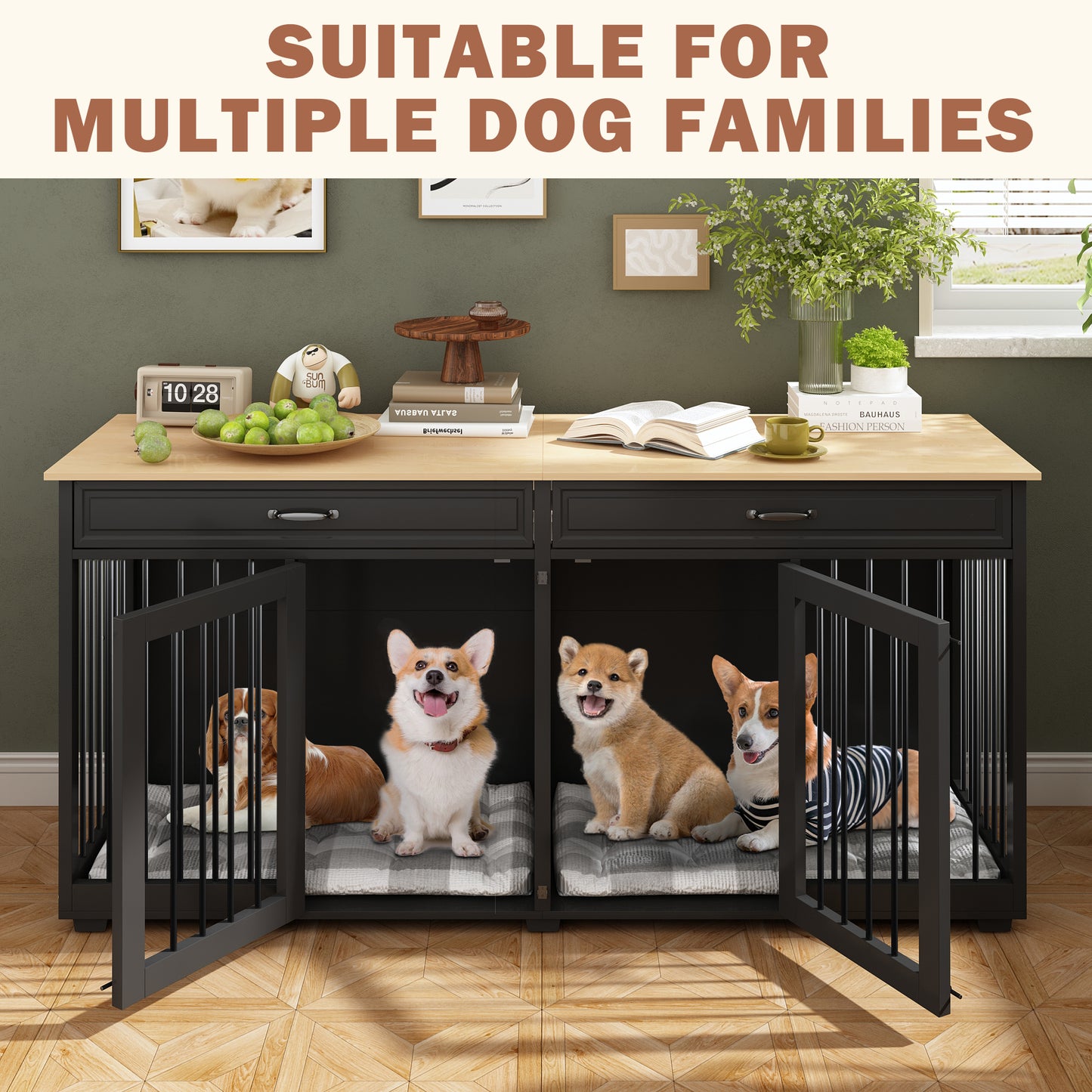 NARTRU Large Double Dog Crate Furniture, 72.4" Wooden Dog Crate Furniture with Divider and 2 Drawers, XXL Heavty Duty Dog Crates Furniture for 2 Medium or Large Dogs Indoor, Black