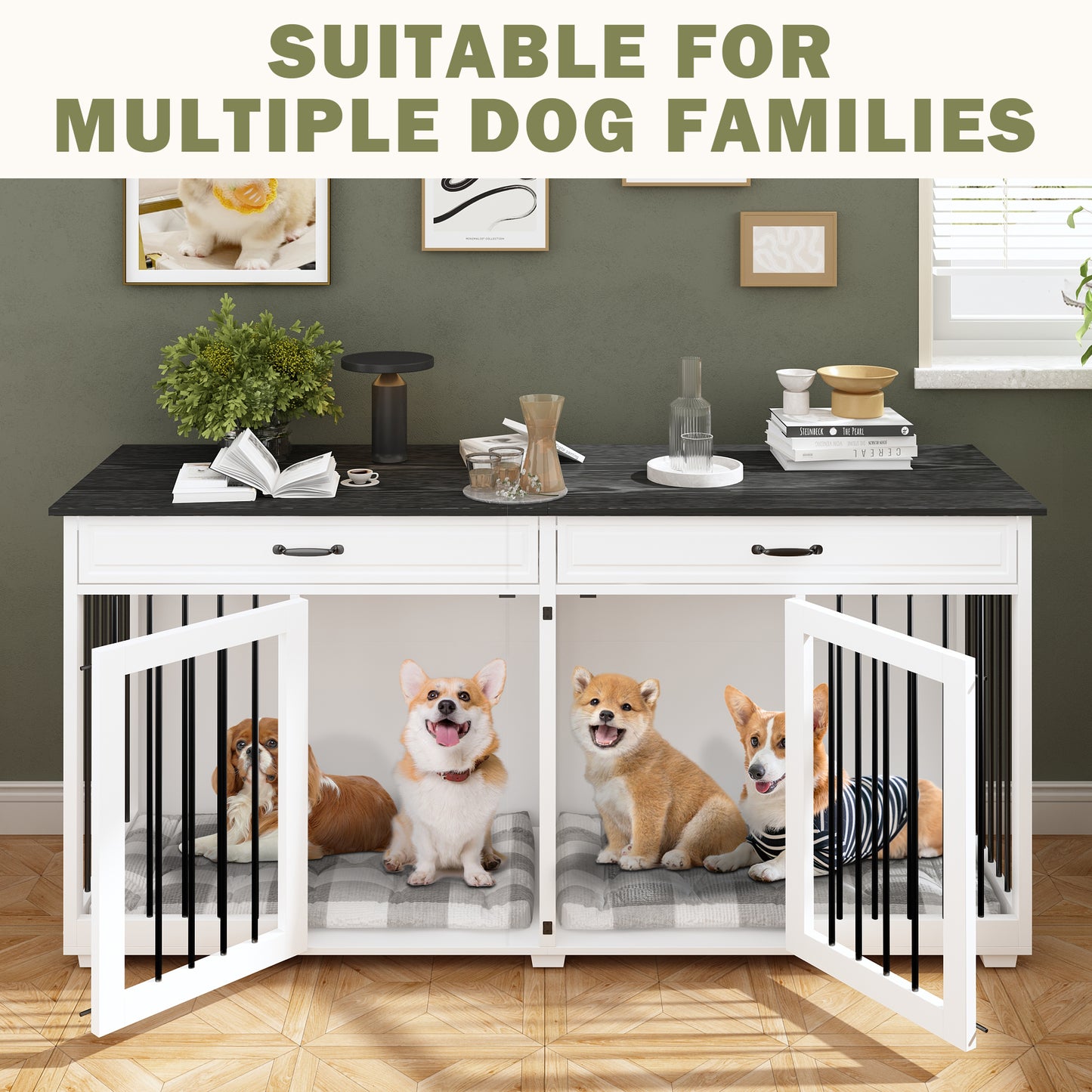 NARTRU Large Double Dog Crate Furniture, 72.4" Wooden Dog Crate Furniture with Divider and 2 Drawers, XXL Heavty Duty Dog Crates Furniture for 2 Medium or Large Dogs Indoor, White+Black Tabletop