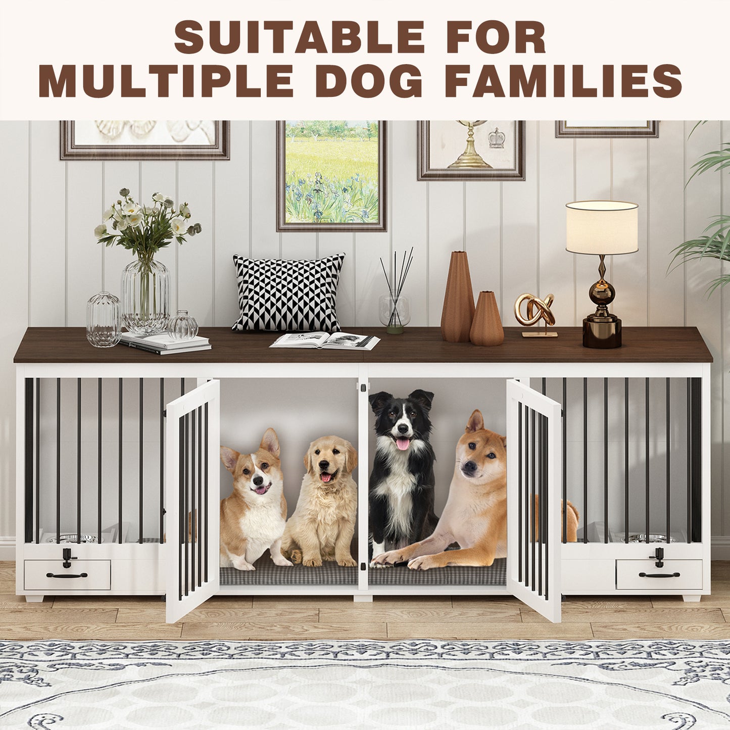 NARTRU Large Double Dog Crate Furniture, 86.6" Wooden Dog Crate Kennel Furniture with 4 Dog Bowls and Divider, Heavy Duty Dog Crates Cage Furniture for Large Dog or 2 Medium Dogs Indoor, White