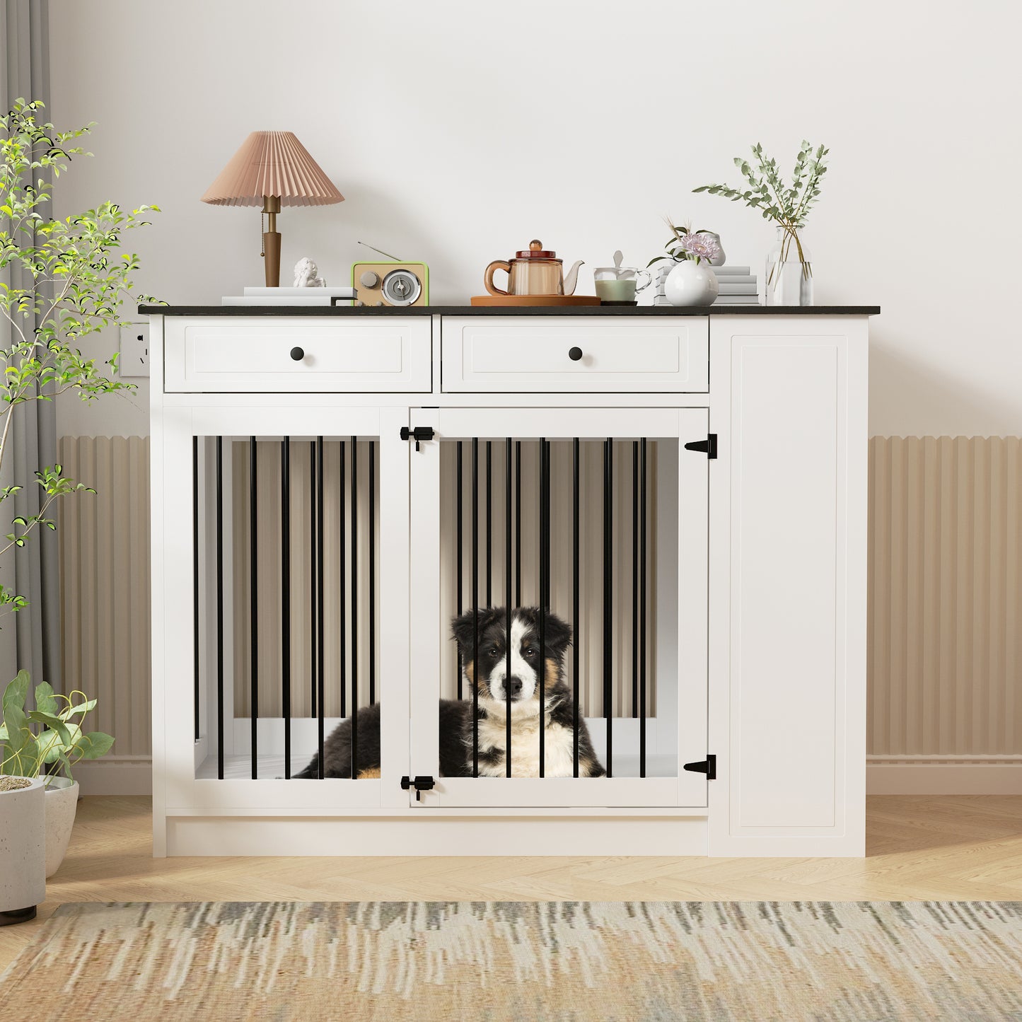 NARTRU 55" Large Wooden Dog Crate Kennel Furniture with 2 Dog Bowls and Drawers for Small, Medium and Large Dog, White