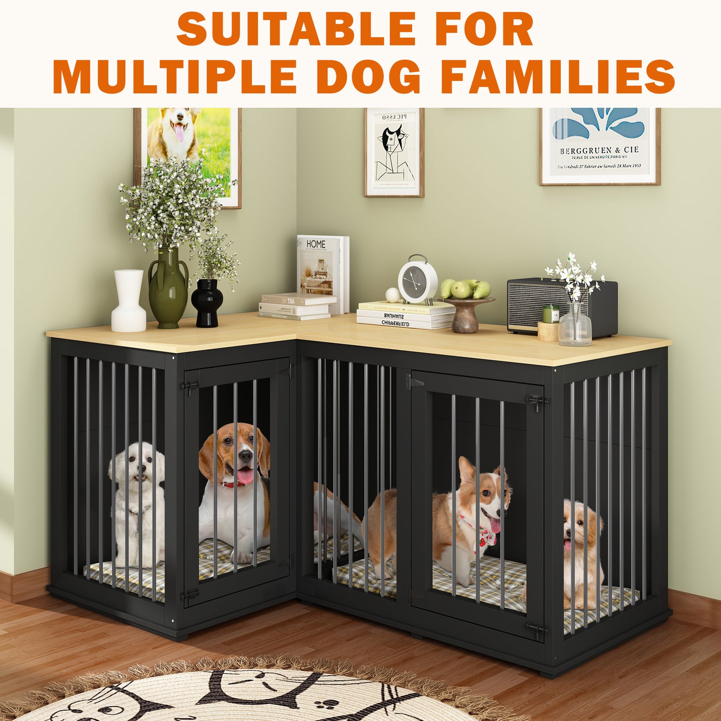 NARTRU Large Corner Dog Crate Furniture, Wooden L Shaped Double Dog Crate Kennel Furniture with Divider, XXL Heavty Duty Dog Crates Furniture for 2 Medium or Large Dogs Indoor, Black