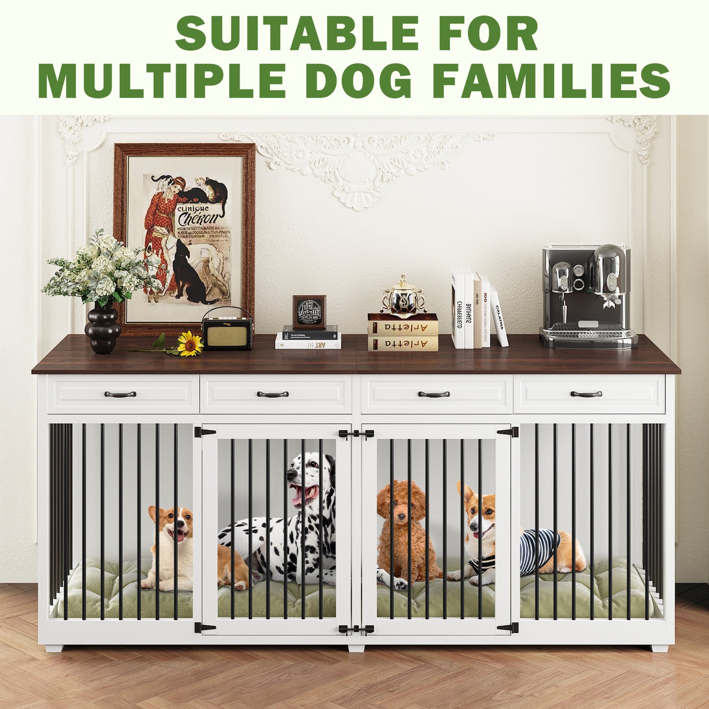 NARTRU 86.6" Large Double Dog Crate Furniture, XXL Wooden Dog Crate Kennel Furniture with Divider and 4 Drawers, Dog Crates Furniture for 2 Large Dogs Indoor, White+Walnut Tabletop