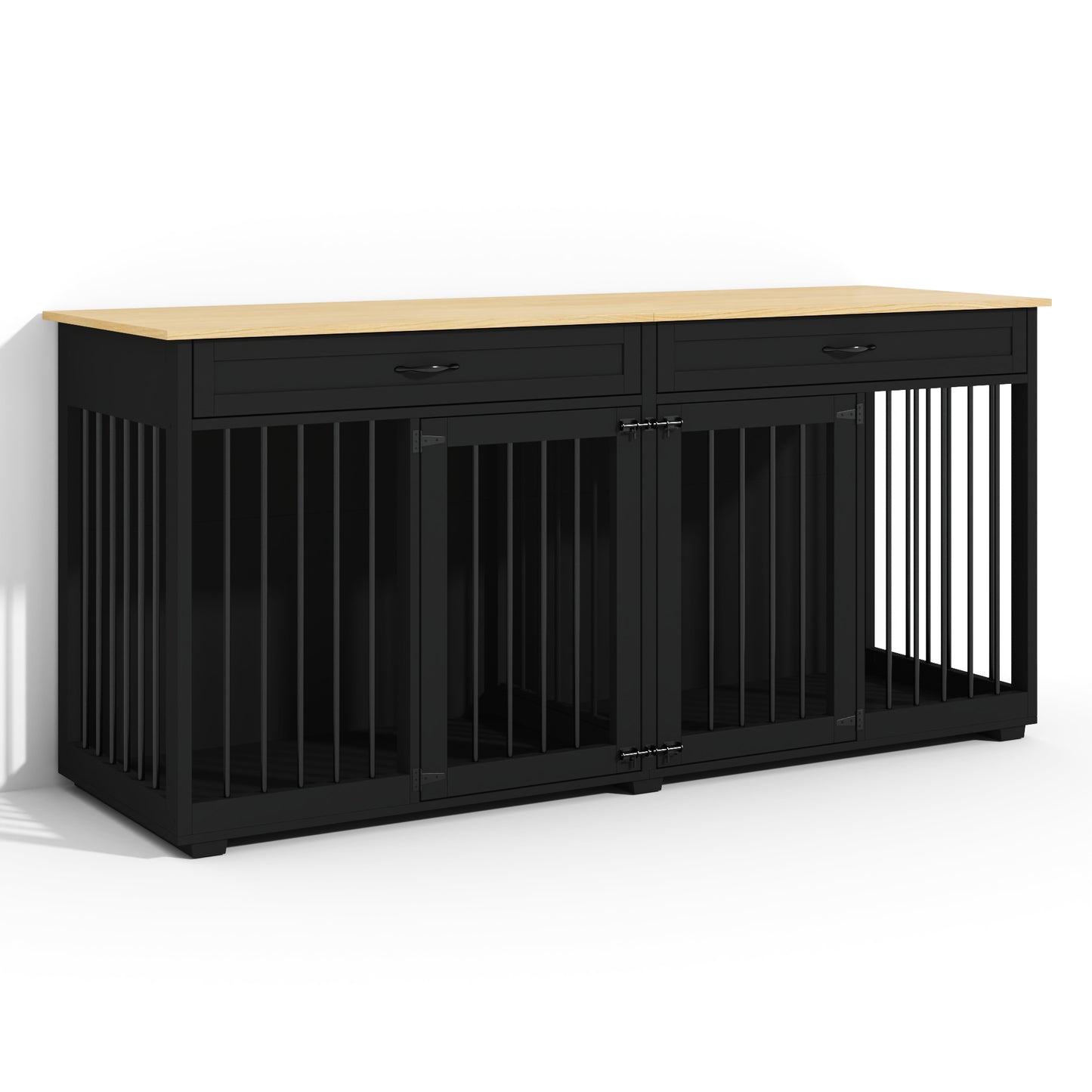 NARTRU 72.4" Large Double Dog Crate Kennel Furniture with Divider and 2 Drawers for 2 Medium or Large Dogs Indoor, Black+Natural Tabletop