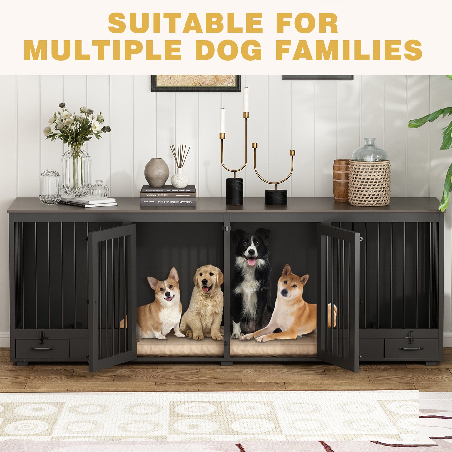 NARTRU Large Double Dog Crate Furniture, 86.6" Wooden Dog Crate Kennel Furniture with 4 Dog Bowls and Divider, Heavy Duty Dog Crates Cage Furniture for Large Dog or 2 Medium Dogs Indoor, Black