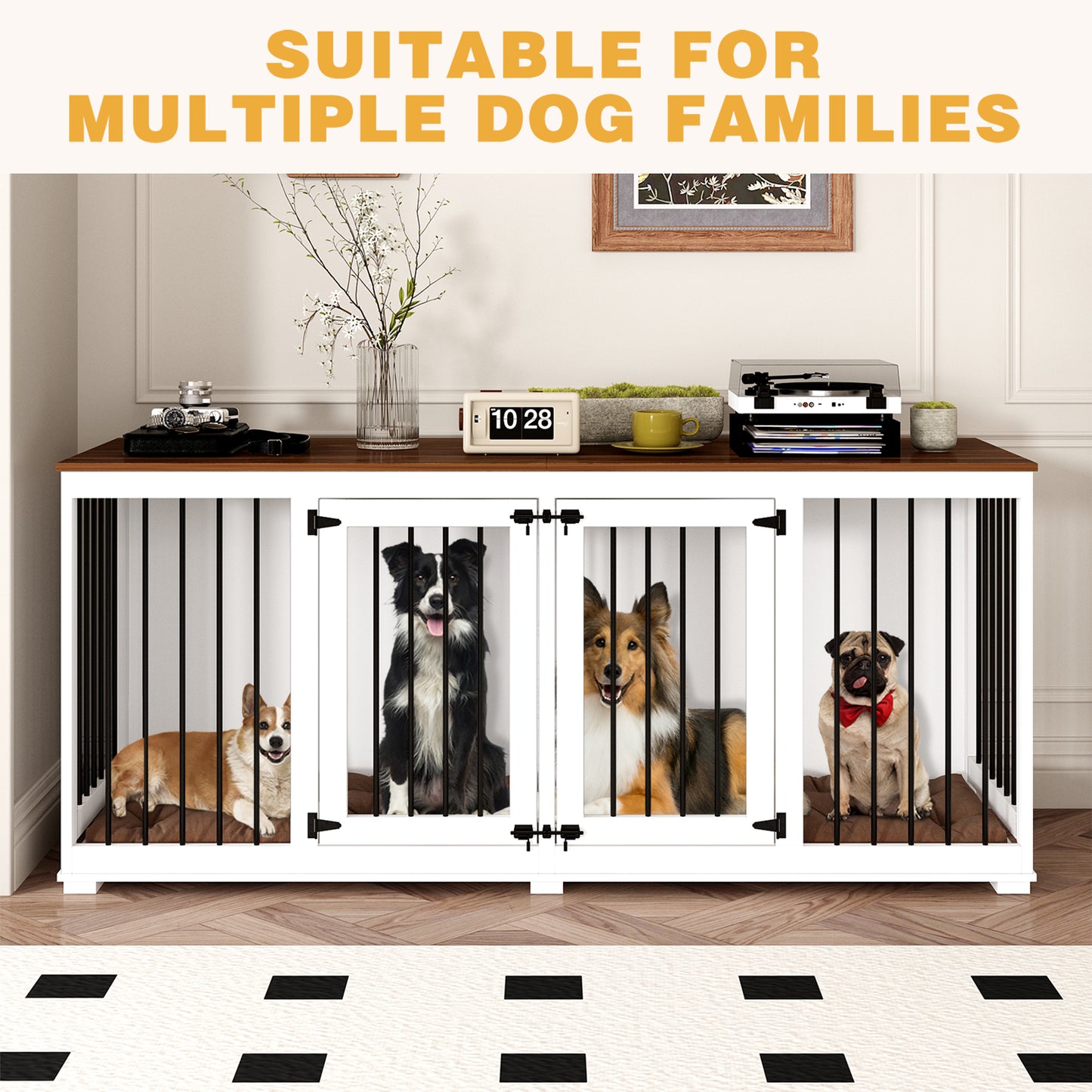 NARTRU Large Double Dog Crate Furniture, 70.9" Dog Kennel Furniture with Divider for Small Medium Large Dogs Indoor, White