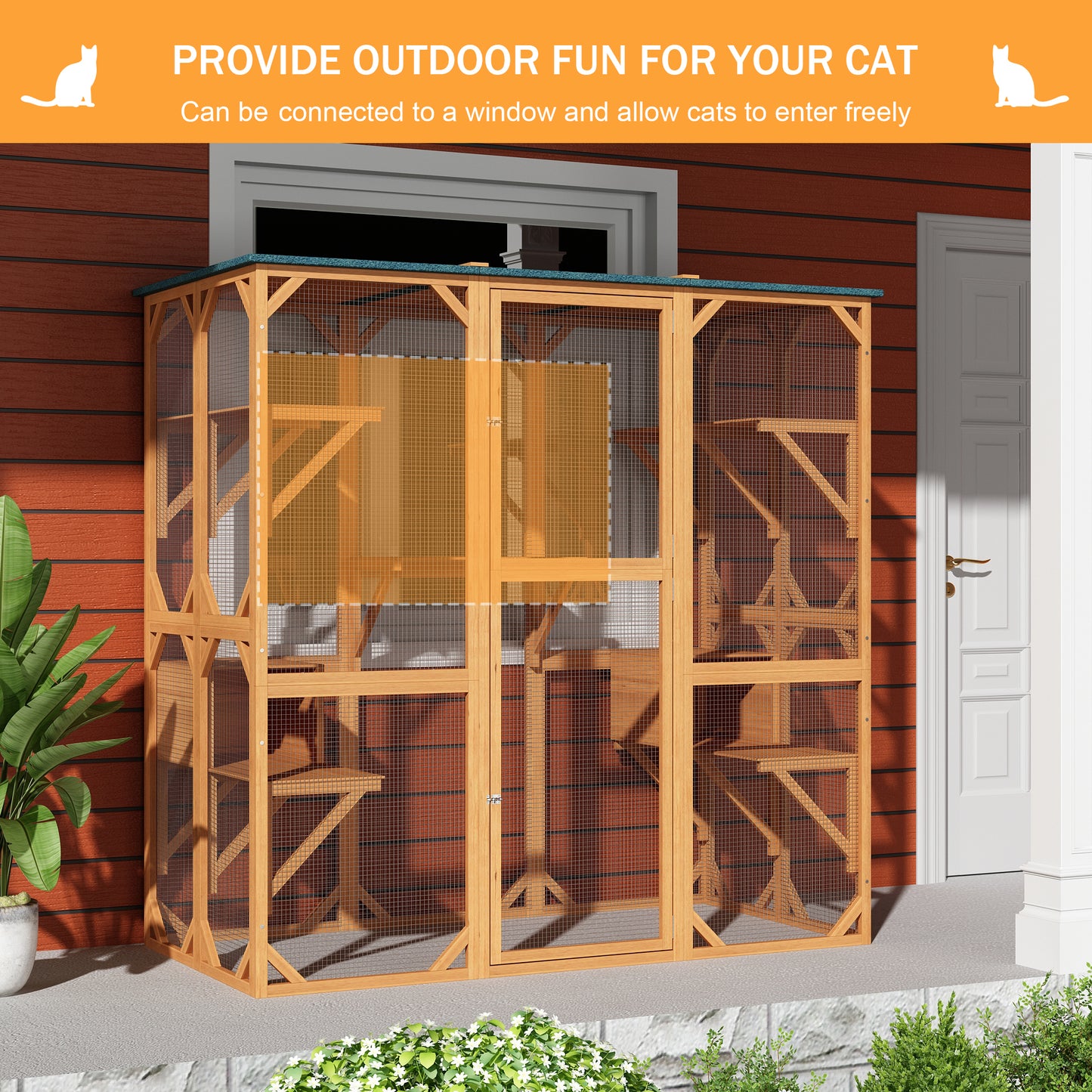 NARTRU Outdoor Cat House Catio, 71" Large Wooden Cats Catio Cat Cage Enclosure, Weatherproof Walk-in Cat Kennel Condo with 7 Platform and 2 Resting Box, Orange