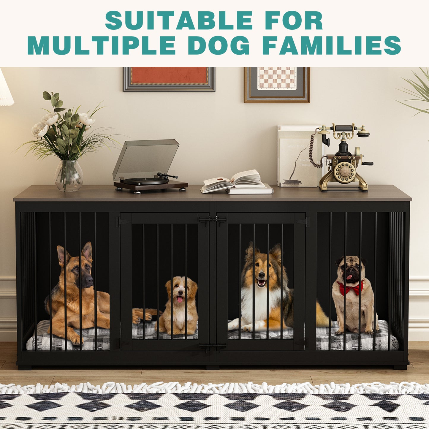 NARTRU 70.9" Large Double Dog Crate Kennel Furniture with Trays and Divider for Dogs Indoor, Black