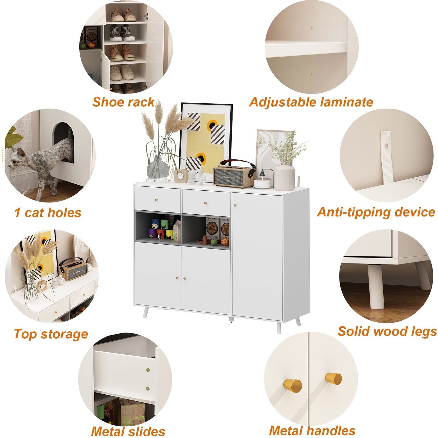 NARTRU 2 in 1 Cat Litter Box Enclosure Furniture Storage Cabinet with 2 Drawers and Adjustable Shelves for Living Room Bedroom, White