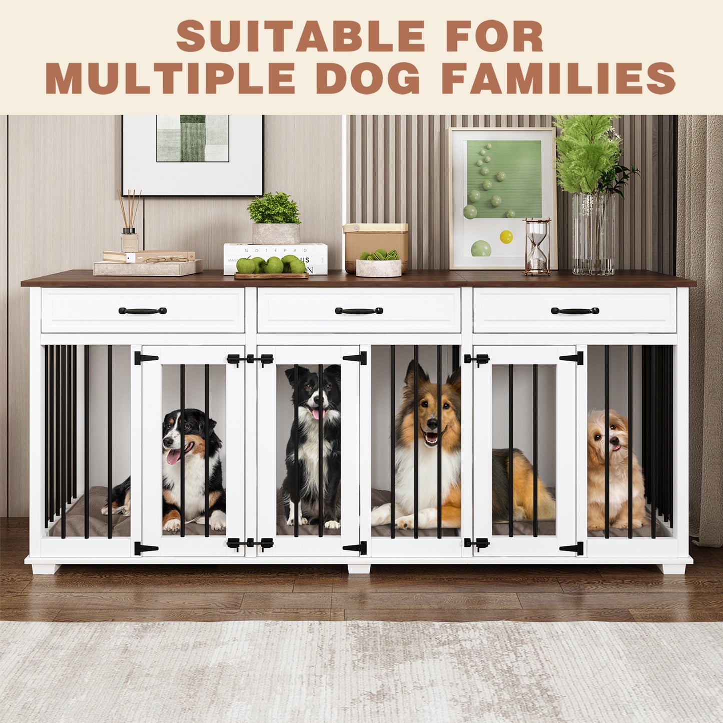 NARTRU 94.5" Large Dog Crate Furniture with 3 Rooms, Wooden Dog Crate Kennel Furniture with 3 Drawers and Divider, Heavy Duty Dog Crates Cage Furniture for Large Dogs or 3 Medium Dogs Indoor, White