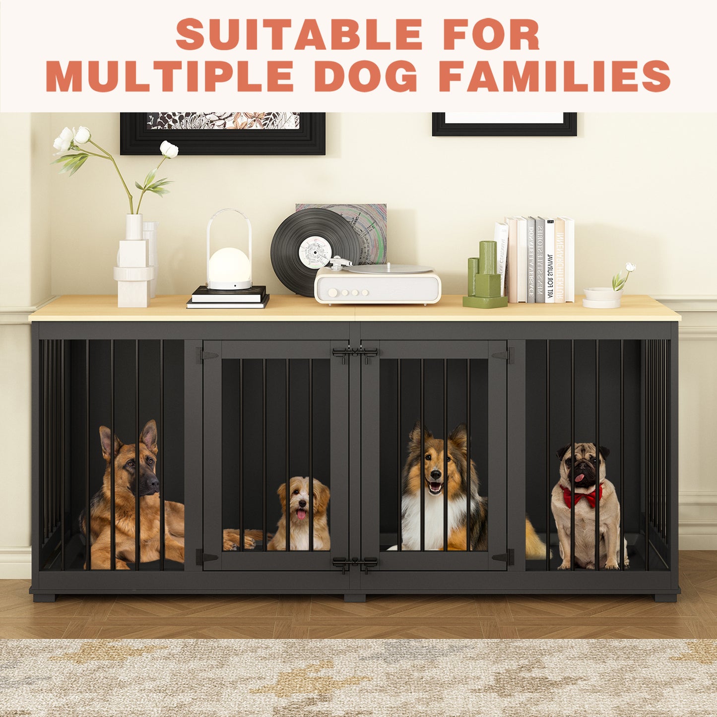 NARTRU 70.9" Large Double Dog Crate Kennel Furniture with Removable Trays and Divider for Small Medium Large Dogs Indoor, Black