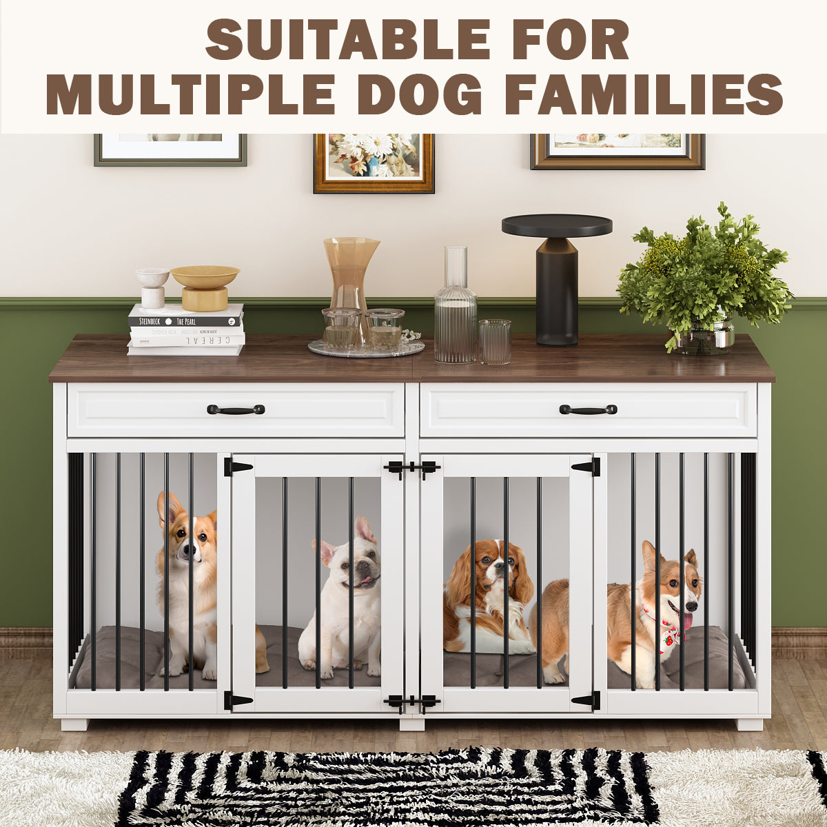 NARTRU 64.6" Large Double Dog Crate Kennel Furniture with Divider and 2 Drawers for 2 Small or Medium Dogs Indoor, White