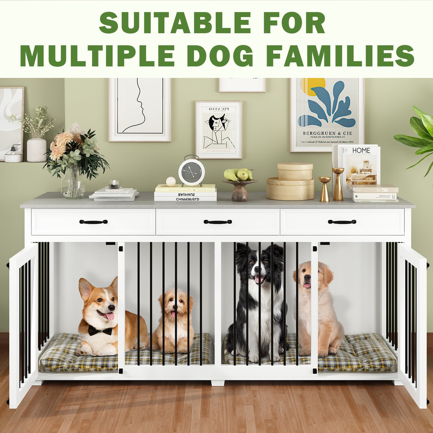 NARTRU 72.5" Large Double Dog Crate Kennel Furniture with 3 Drawers and Divider for Large Dog or 2 Medium Dogs Indoor