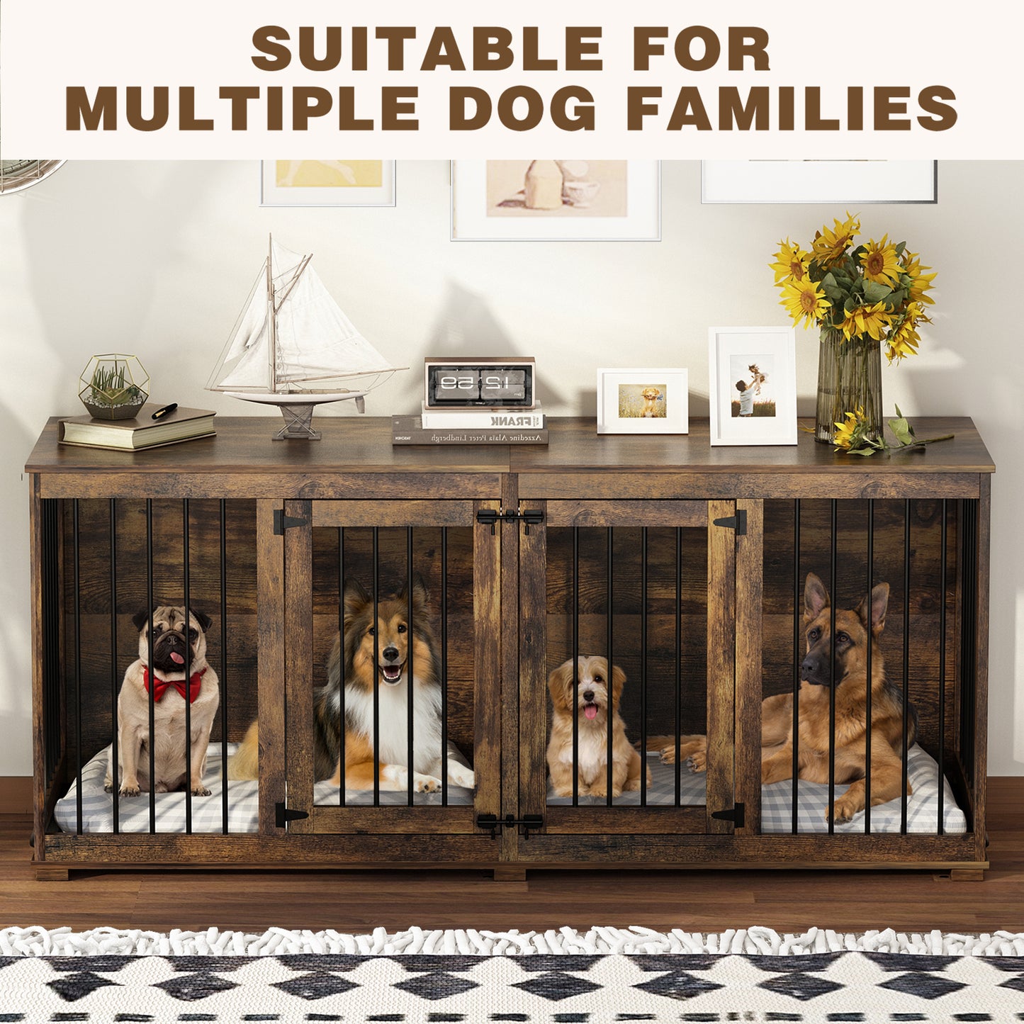 NARTRU 70.9" Large Double Dog Crate Kennel Furniture with Trays and Divider for Dogs Indoor, Rustic Brown