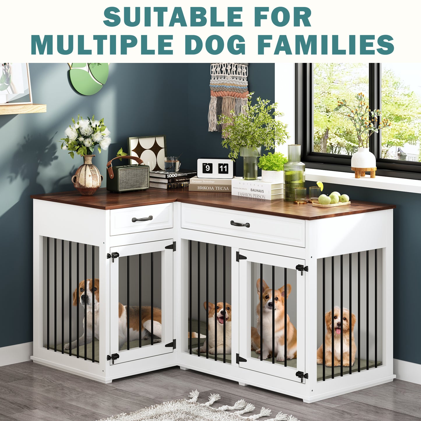 NARTRU Large Corner Dog Crate Furniture, Wooden L Shaped Double Dog Crate Kennel Furniture with 2 Drawers and Divider, XXL Heavty Duty Dog Crates Furniture for 2 Medium or Large Dogs Indoor, White