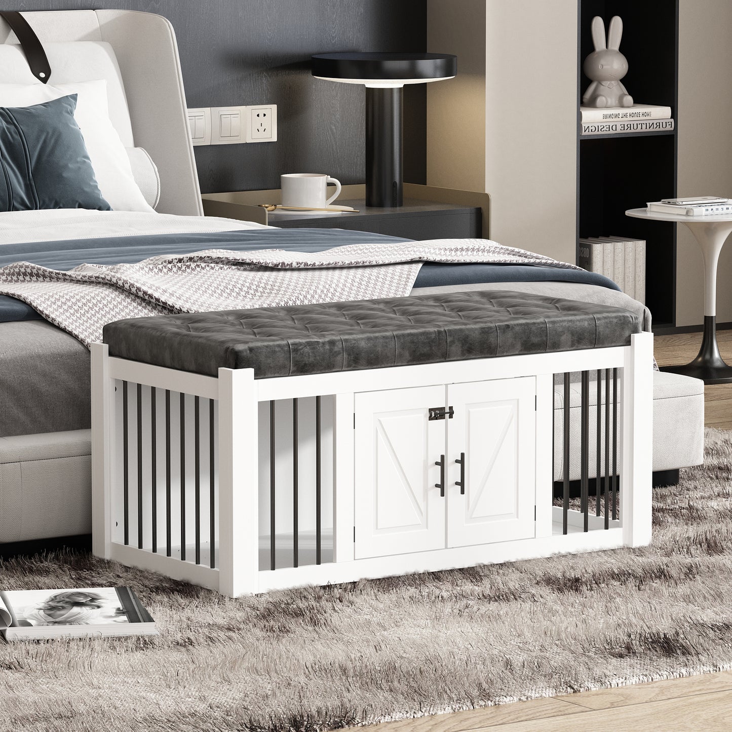 NARTRU Dog Crate Furniture with Bench, Wooden Dog Kennel for Entrance Bedroom