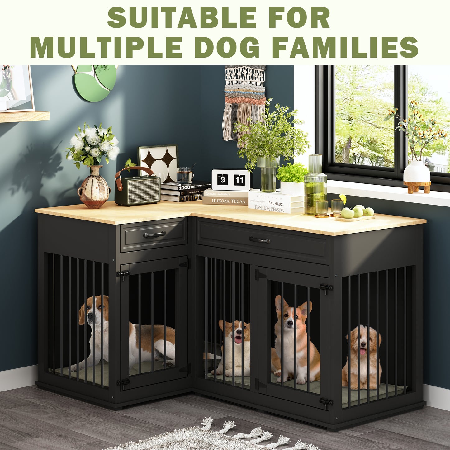 NARTRU Large Corner Dog Crate Furniture, Wooden L Shaped Double Dog Crate Kennel Furniture with 2 Drawers and Divider, XXL Heavty Duty Dog Crates Furniture for 2 Medium or Large Dogs Indoor, Black