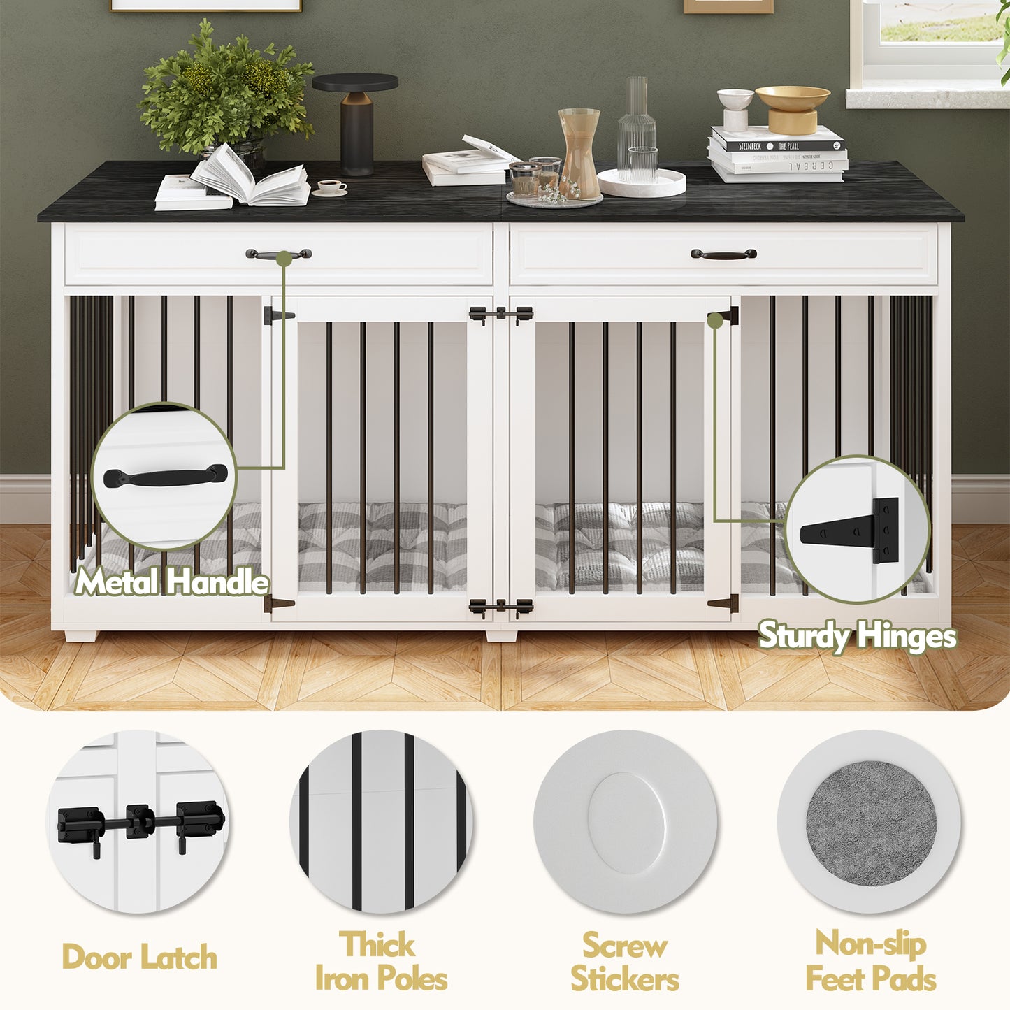 NARTRU Large Double Dog Crate Furniture, 72.4" Wooden Dog Crate Furniture with Divider and 2 Drawers, XXL Heavty Duty Dog Crates Furniture for 2 Medium or Large Dogs Indoor, White+Black Tabletop