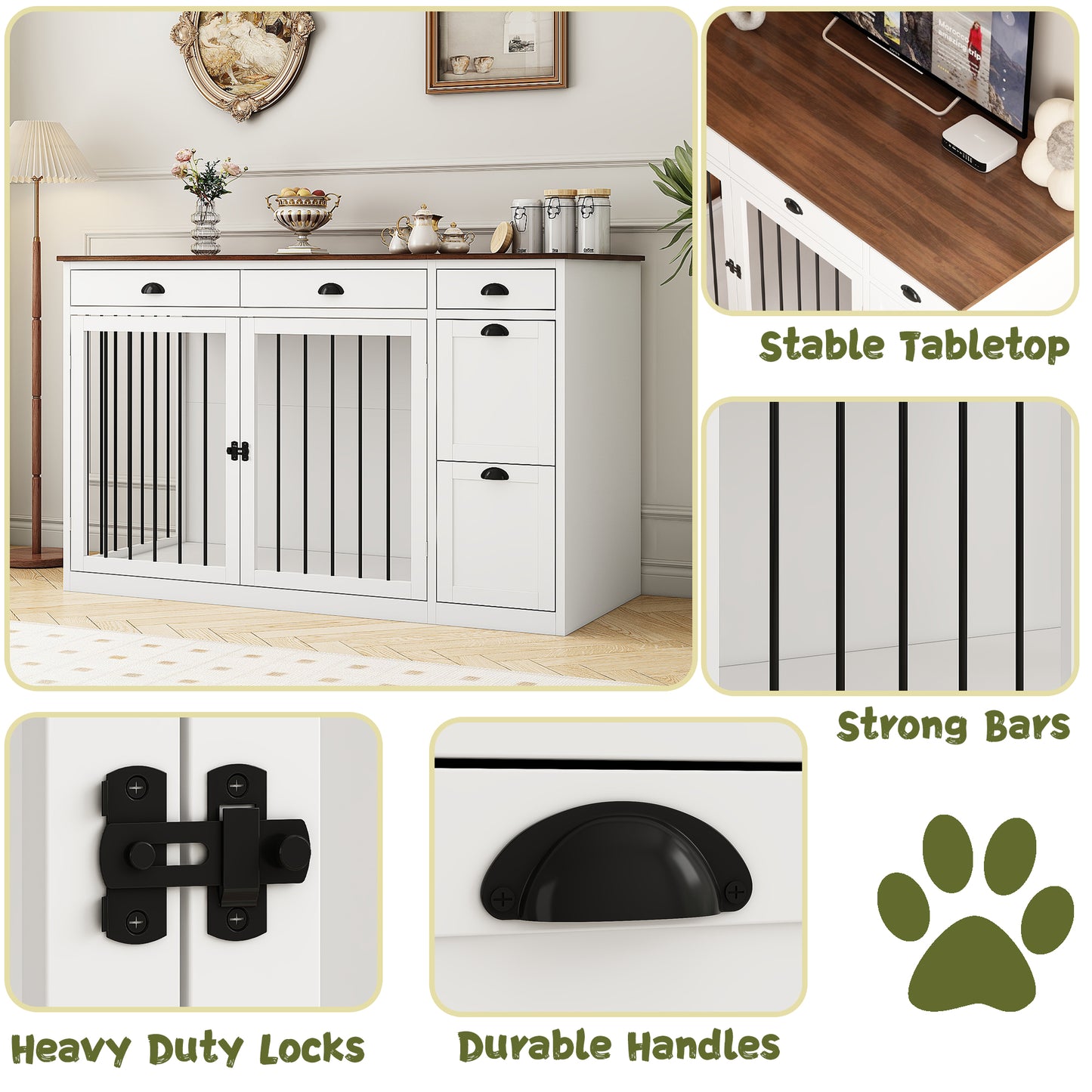 NARTRU 63" Large Wooden Dog Crate Kennel Furniture with 5 Drawers for Small, Medium and Large Dog