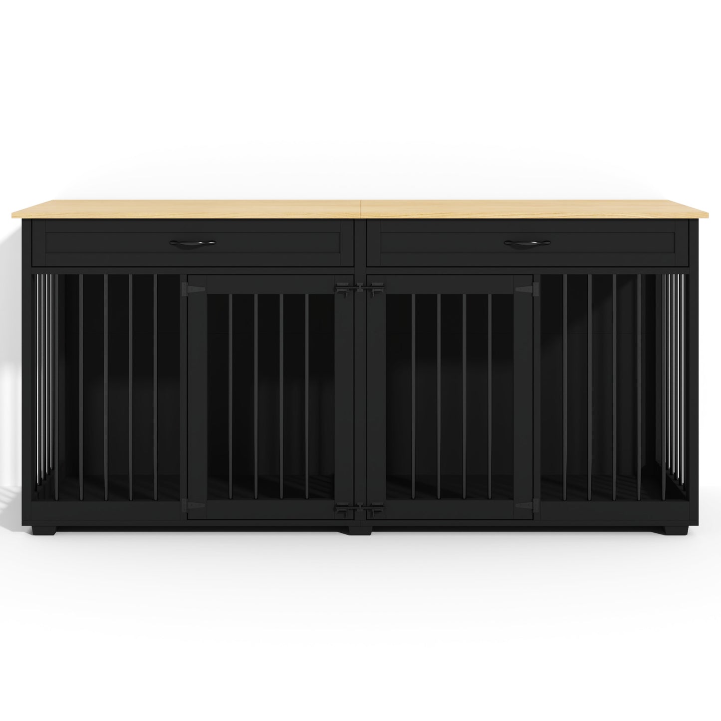 NARTRU 72.4" Large Double Dog Crate Kennel Furniture with Divider and 2 Drawers for 2 Medium or Large Dogs Indoor, Black+Natural Tabletop