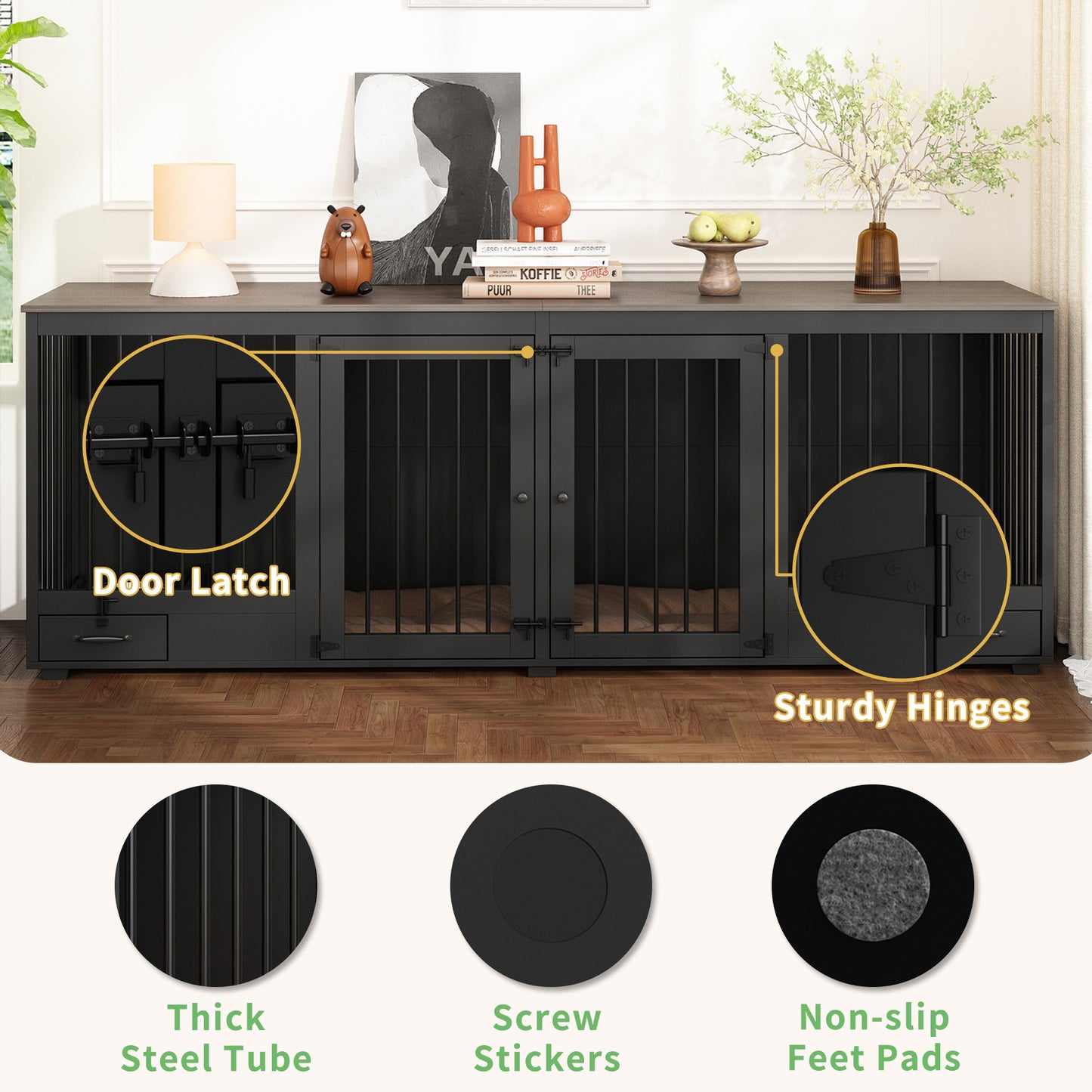 NARTRU Large Double Dog Crate Furniture, 86.6" Wooden Dog Crate Kennel Furniture with 4 Dog Bowls and Divider, Heavy Duty Dog Crates Cage Furniture for Large Dog or 2 Medium Dogs Indoor, Black