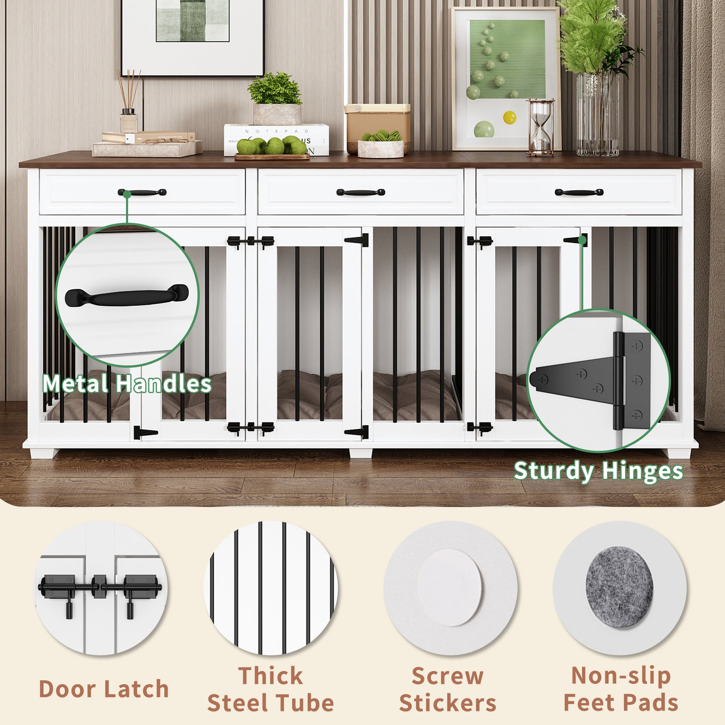 NARTRU 94.5" Large Dog Crate Furniture with 3 Rooms, Wooden Dog Crate Kennel Furniture with 3 Drawers and Divider, Heavy Duty Dog Crates Cage Furniture for Large Dogs or 3 Medium Dogs Indoor, White