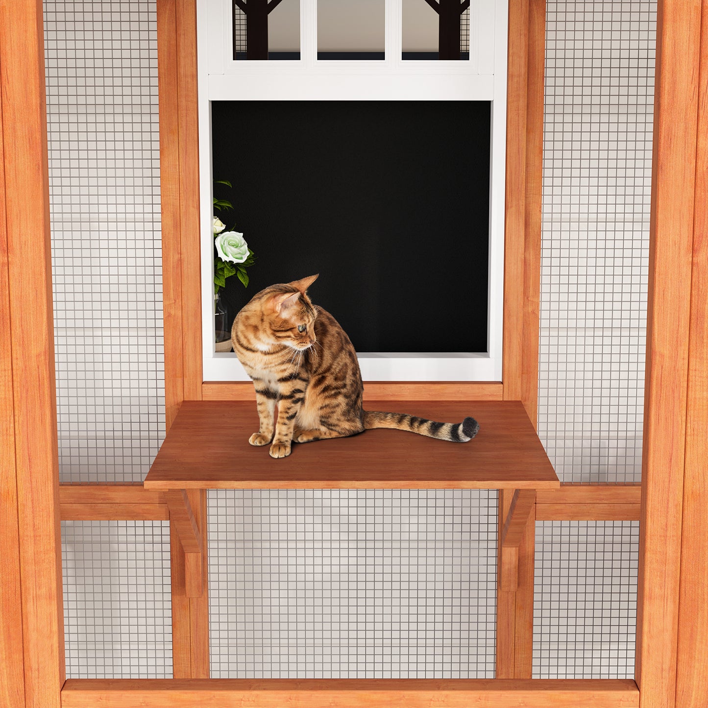 NARTRU Outdoor Cat House Catio, 71" Large Wooden Cats Catio Cat Cage Enclosure, Weatherproof Walk-in Cat Kennel Condo with 7 Platform and 2 Resting Box, Orange