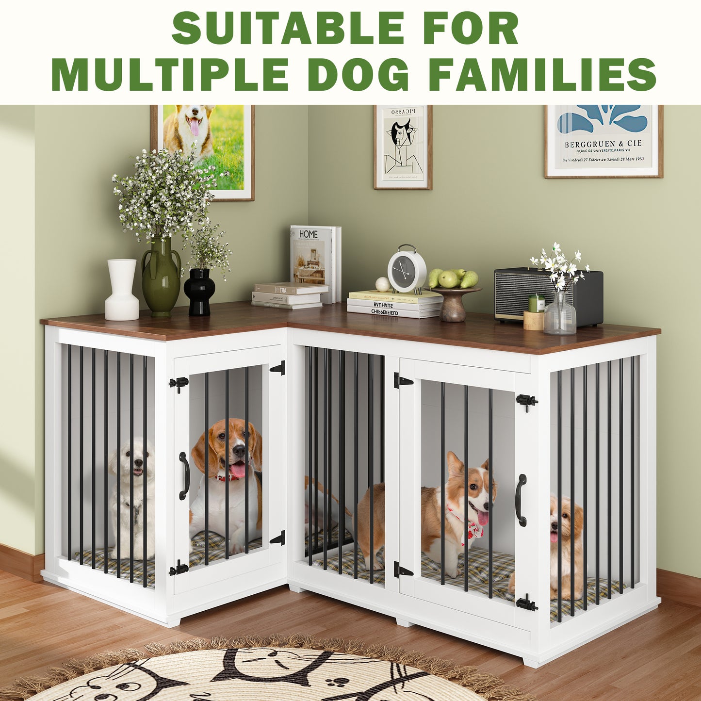 NARTRU Large Corner Dog Crate Furniture, Wooden L Shaped Double Dog Crate Kennel Furniture with Divider, XXL Heavty Duty Dog Crates Furniture for 2 Medium or Large Dogs Indoor, White