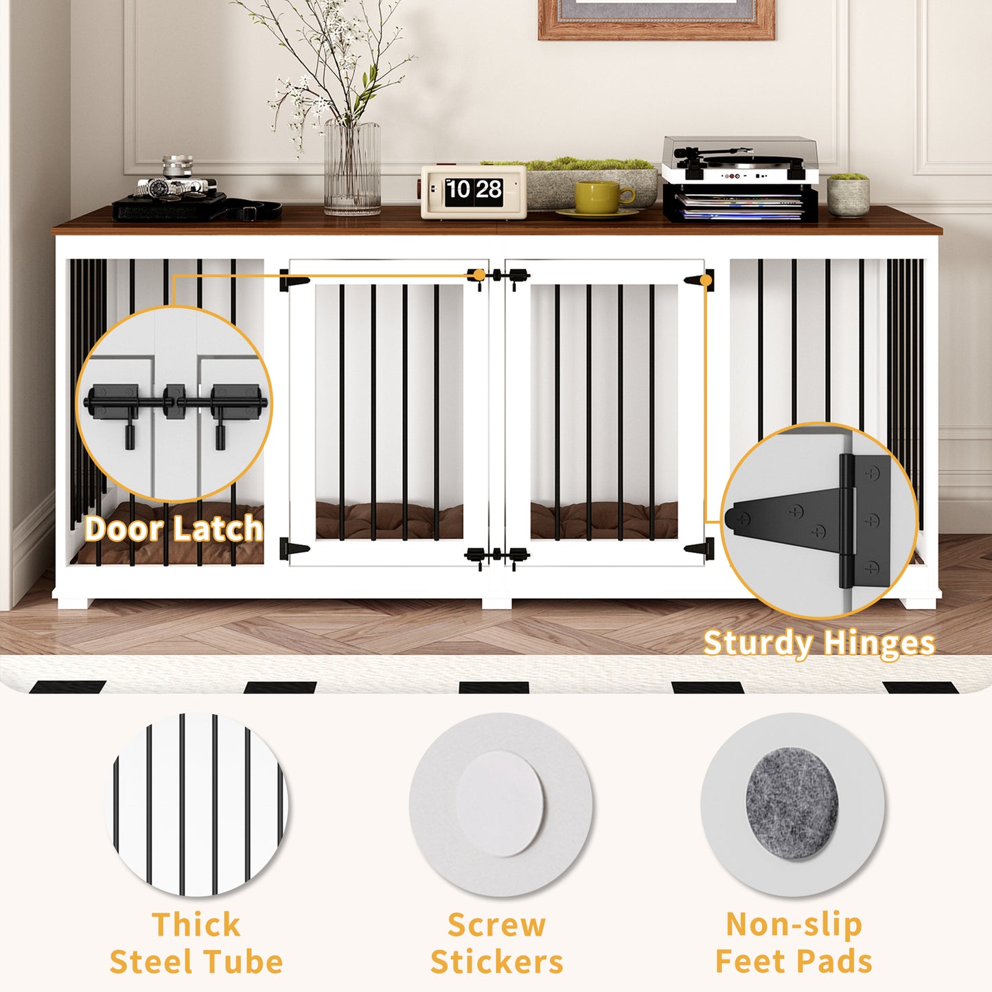 NARTRU Large Double Dog Crate Furniture, 70.9" Dog Kennel Furniture with Divider for Small Medium Large Dogs Indoor, White