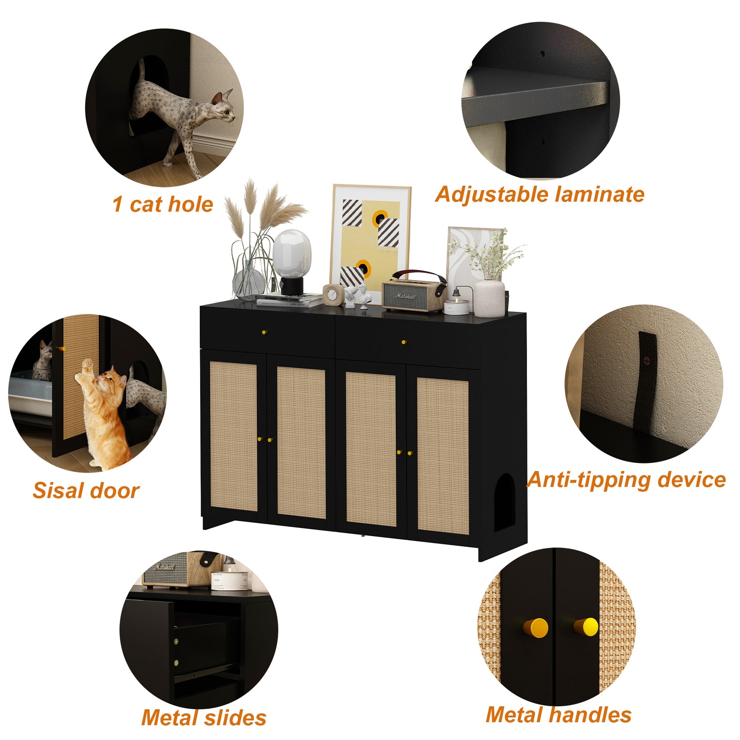 NARTRU 2 in 1 Cat Litter Box Enclosure Furniture Shoe Storage Cabinet with 2 Drawers and Scratching Doors for Cats, Black