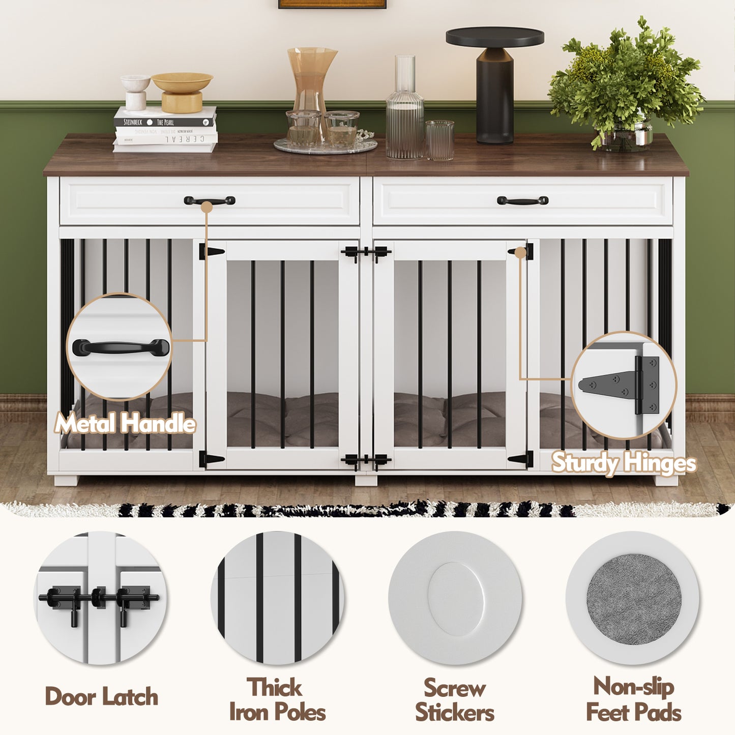 NARTRU 64.6" Large Double Dog Crate Kennel Furniture with Divider and 2 Drawers for 2 Small or Medium Dogs Indoor, White