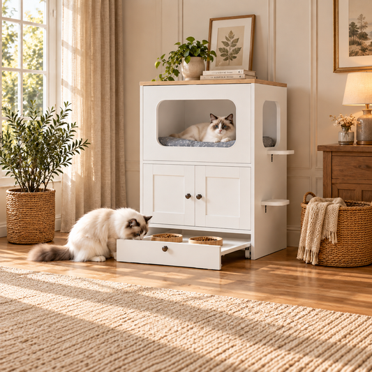 NARTRU Multi-Functional Pet Cabinet, 21.6”W X 17.7”D X 31.5”H, Multi Storage Drawer, Side Cat Perch, Rolling Wheels, White & Oak, Indoor Home Pet House