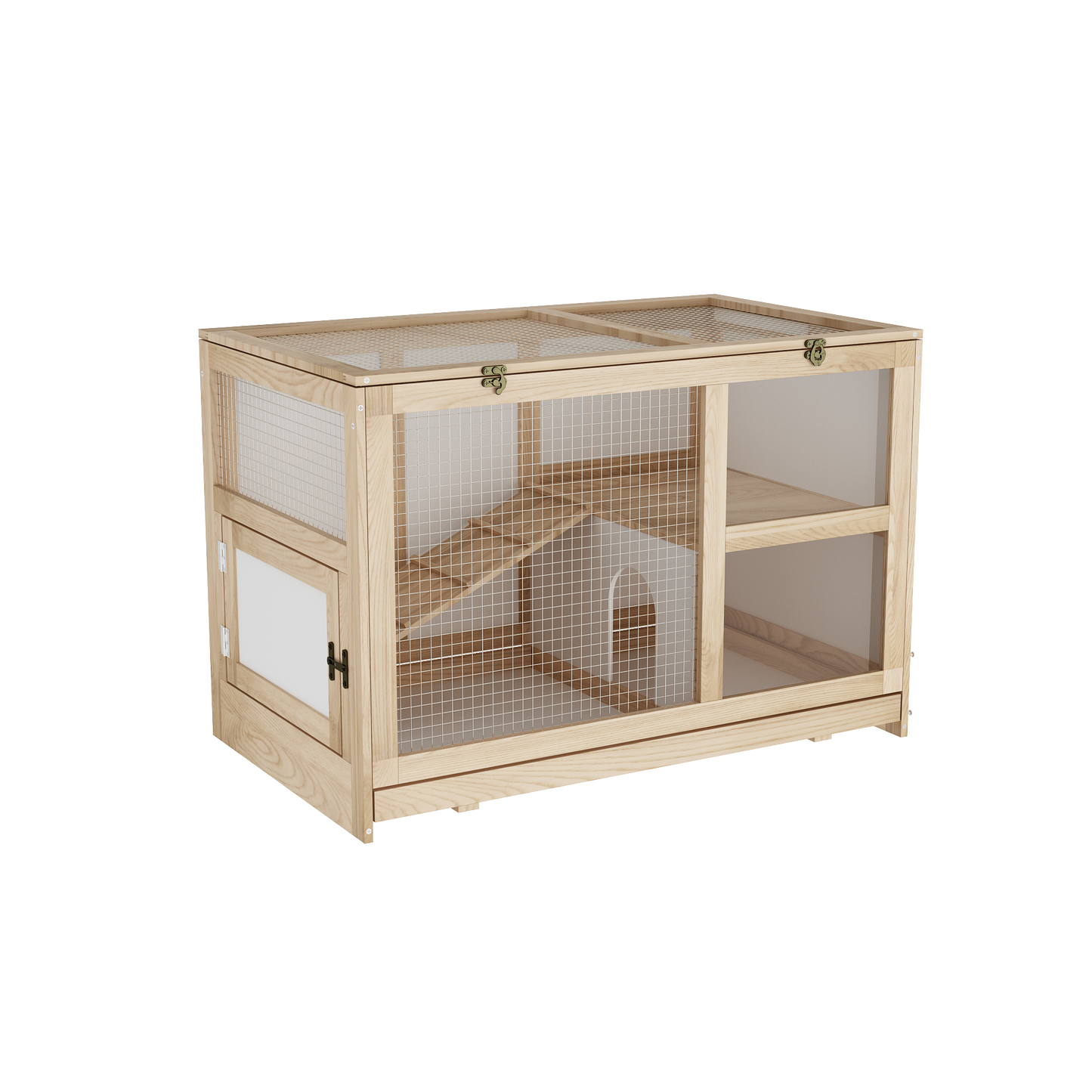 NARTRU 2-Story Natural Wooden Guinea Pig Cage for 2, Indoor Small Animal Habitat with Pull Out Tray, Ramp and Platform - Rabbit & Hamster House
