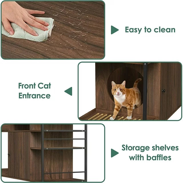 NARTRU 6 in 1 Cat Litter Box Enclosure Furniture with Litter Catcher, Wooden Cat Washroom with Drawer and Shelves, Hidden Litter Box Cat Cabinet