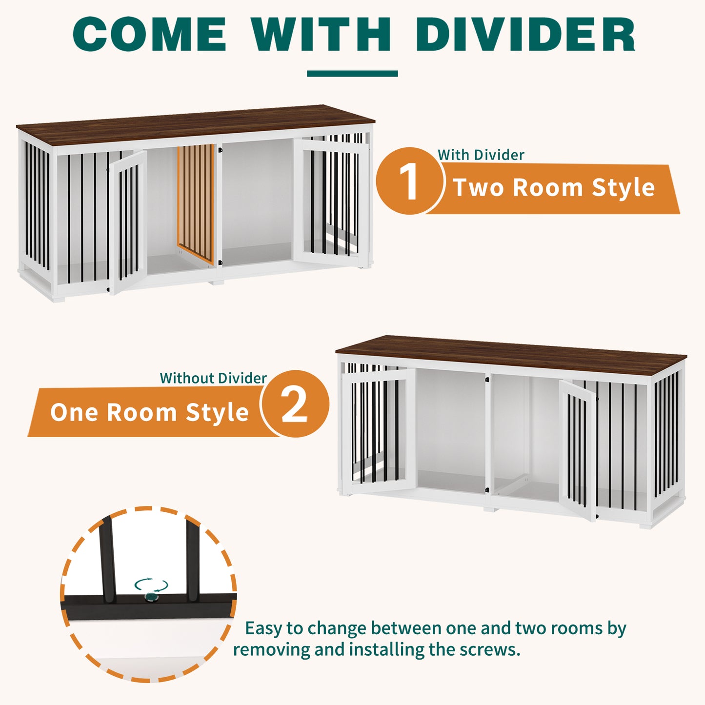 NARTRU 70.9" Large Double Dog Crate Kennel Furniture with Divider and Trays for Small Medium Large Dogs Indoor, White