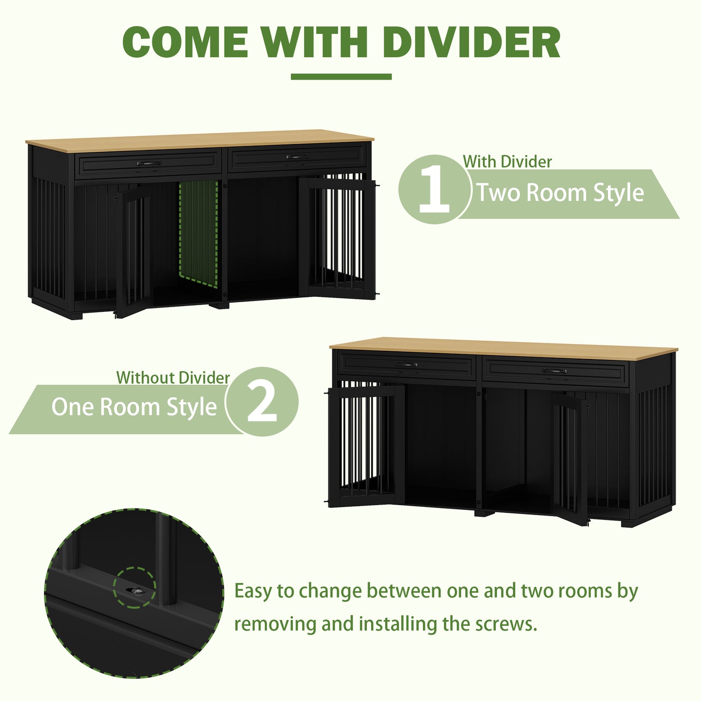 NARTRU 64.6" Large Double Dog Crate Kennel Furniture with Divider and 2 Drawers for 2 Small or Medium Dogs Indoor, Black