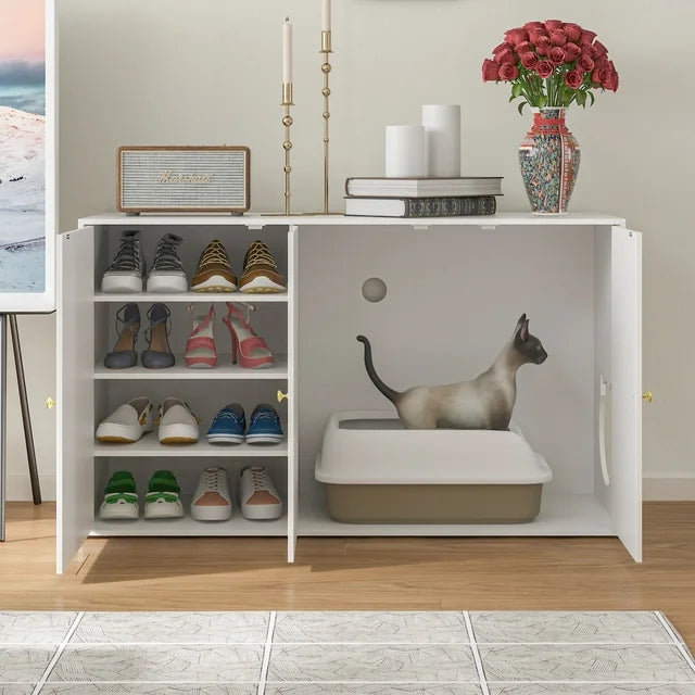 NARTRU Cat Litter Box Furniture, Wood Shoe Cabinet With 4 Shelves, White