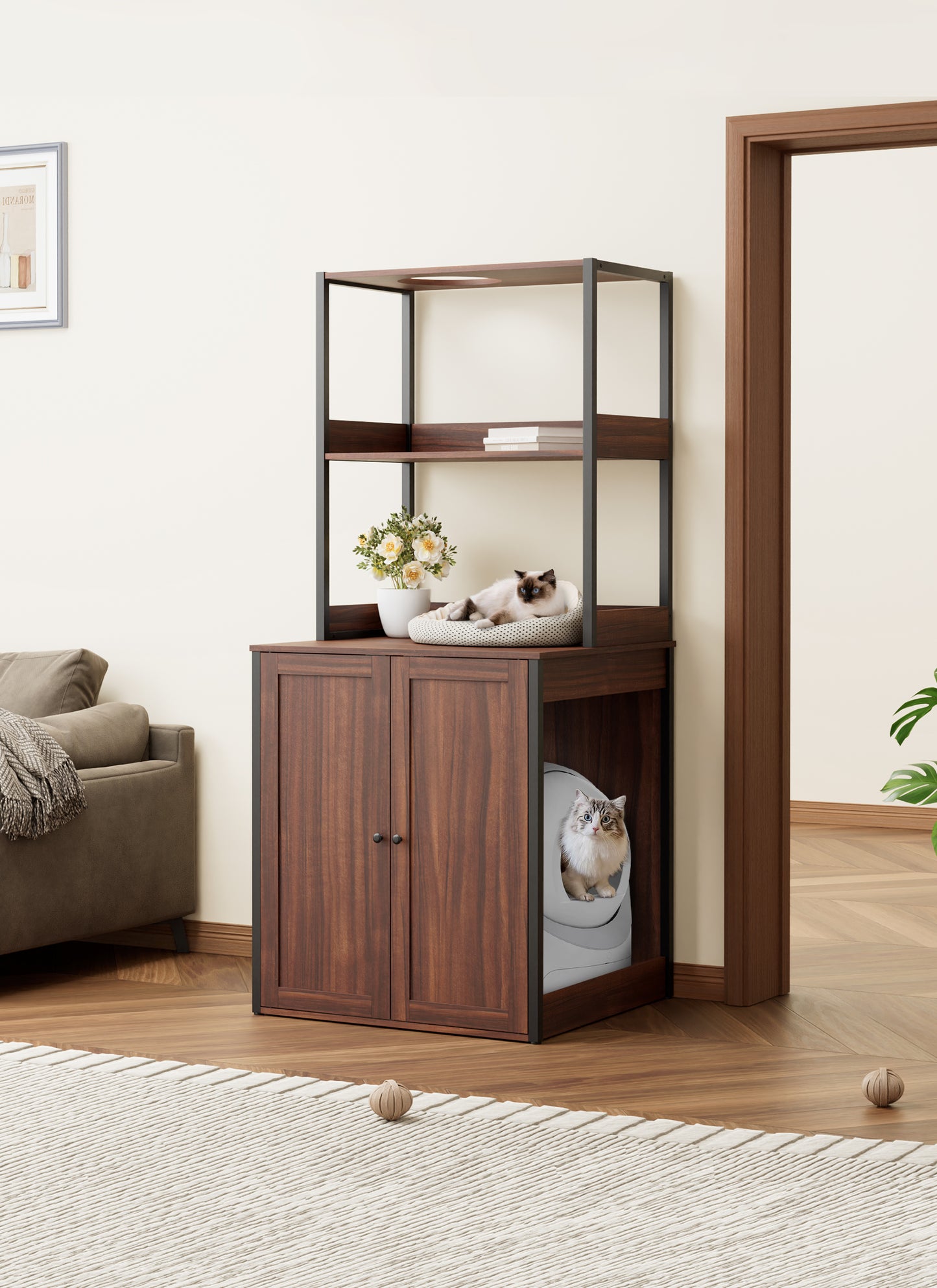 NARTRU Large Litter Box Enclosure for Self Cleaning Litter Box, Hidden Automatic Cat Litter Box Furniture with Shelves, Walnut