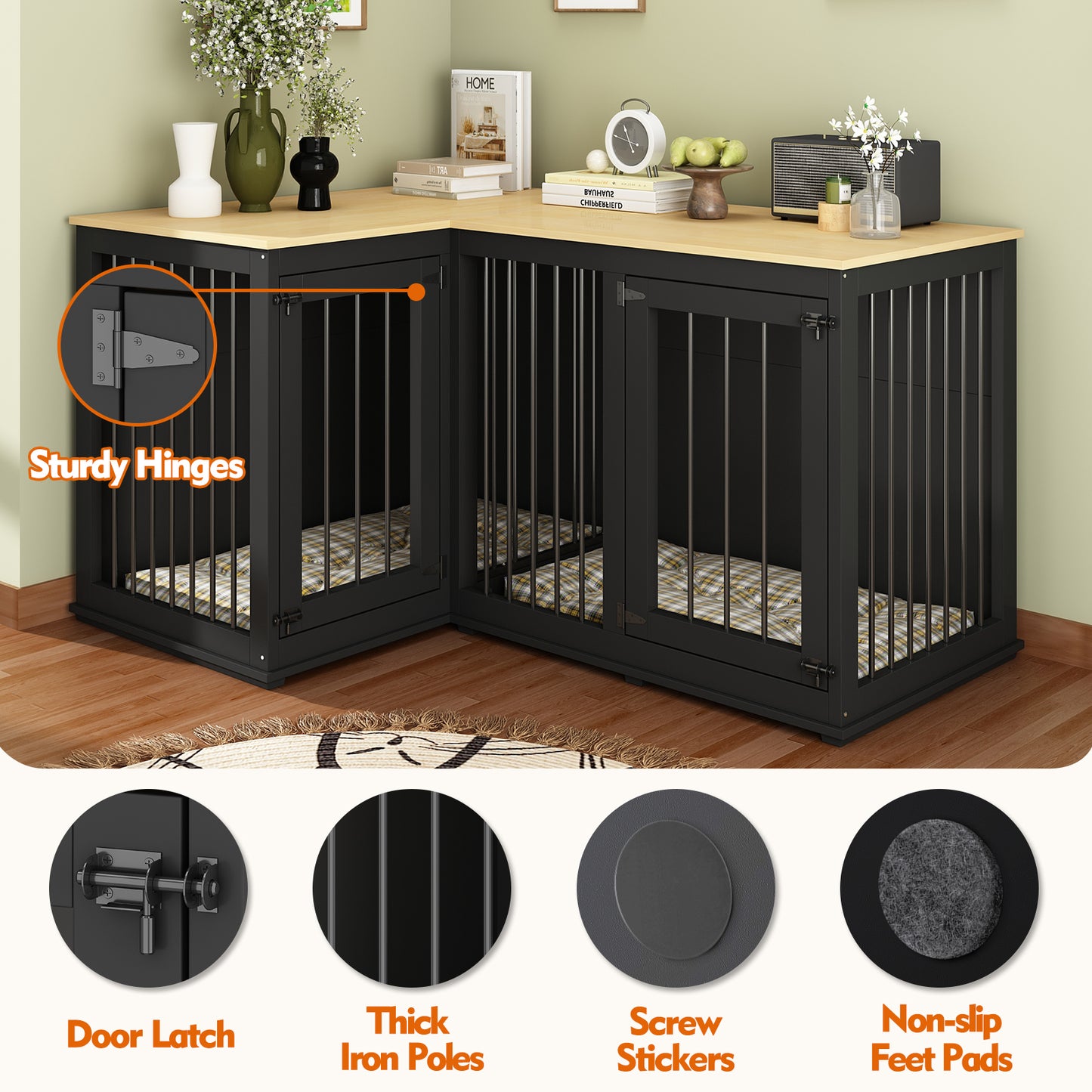 NARTRU Large Corner Dog Crate Furniture, Wooden L Shaped Double Dog Crate Kennel Furniture with Divider, XXL Heavty Duty Dog Crates Furniture for 2 Medium or Large Dogs Indoor, Black