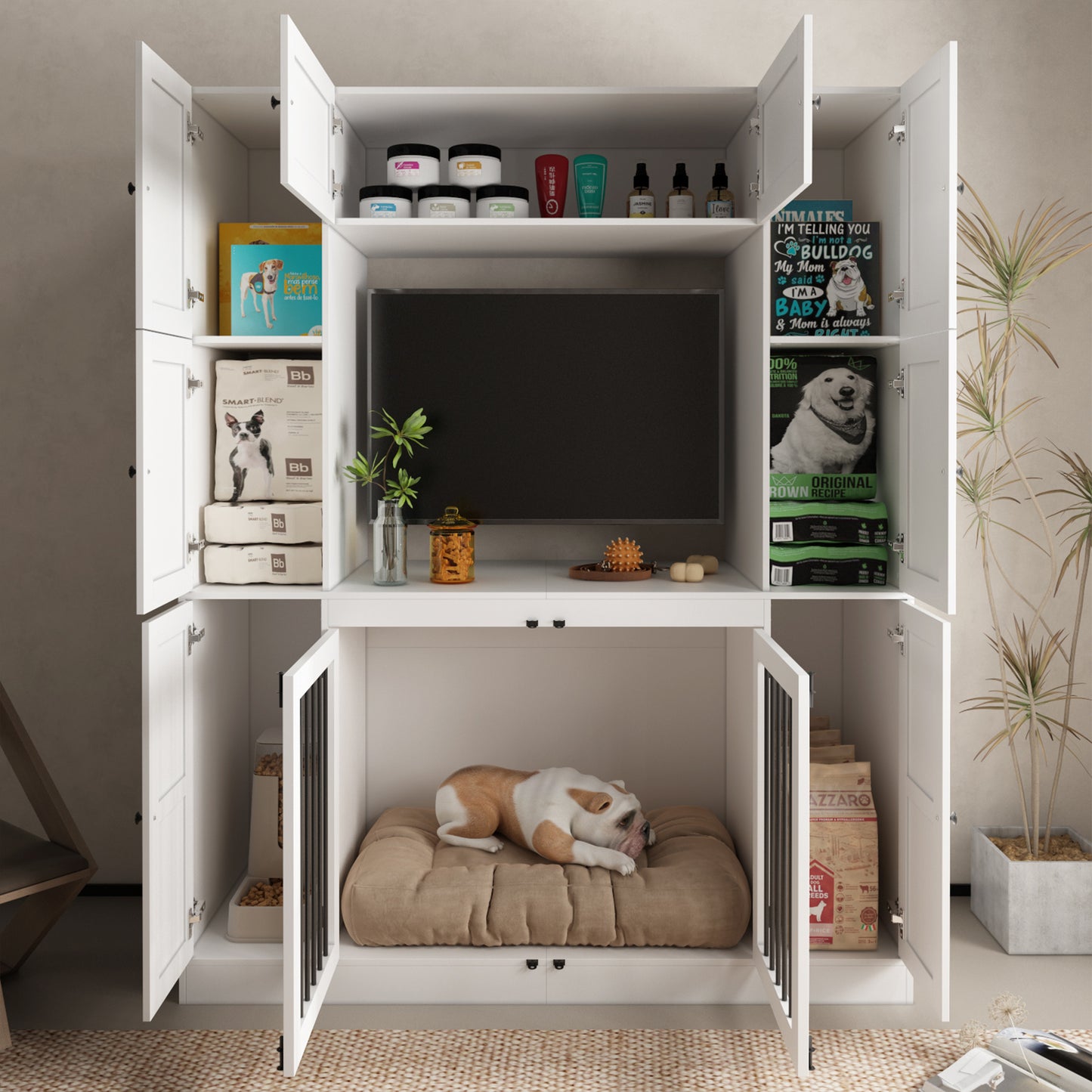 NARTRU Large Dog Crate Furniture Cabinet with 7 Storage Shelves with Doors for Small, Medium or Large Dog, White