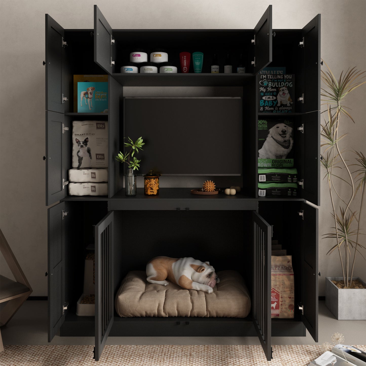 NARTRU Large Dog Crate Furniture Cabinet with 7 Storage Shelves with Doors for Small, Medium or Large Dog, Black