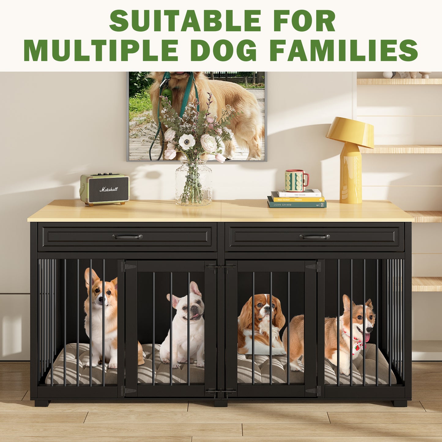 NARTRU 64.6" Large Double Dog Crate Kennel Furniture with Divider and 2 Drawers for 2 Small or Medium Dogs Indoor, Black