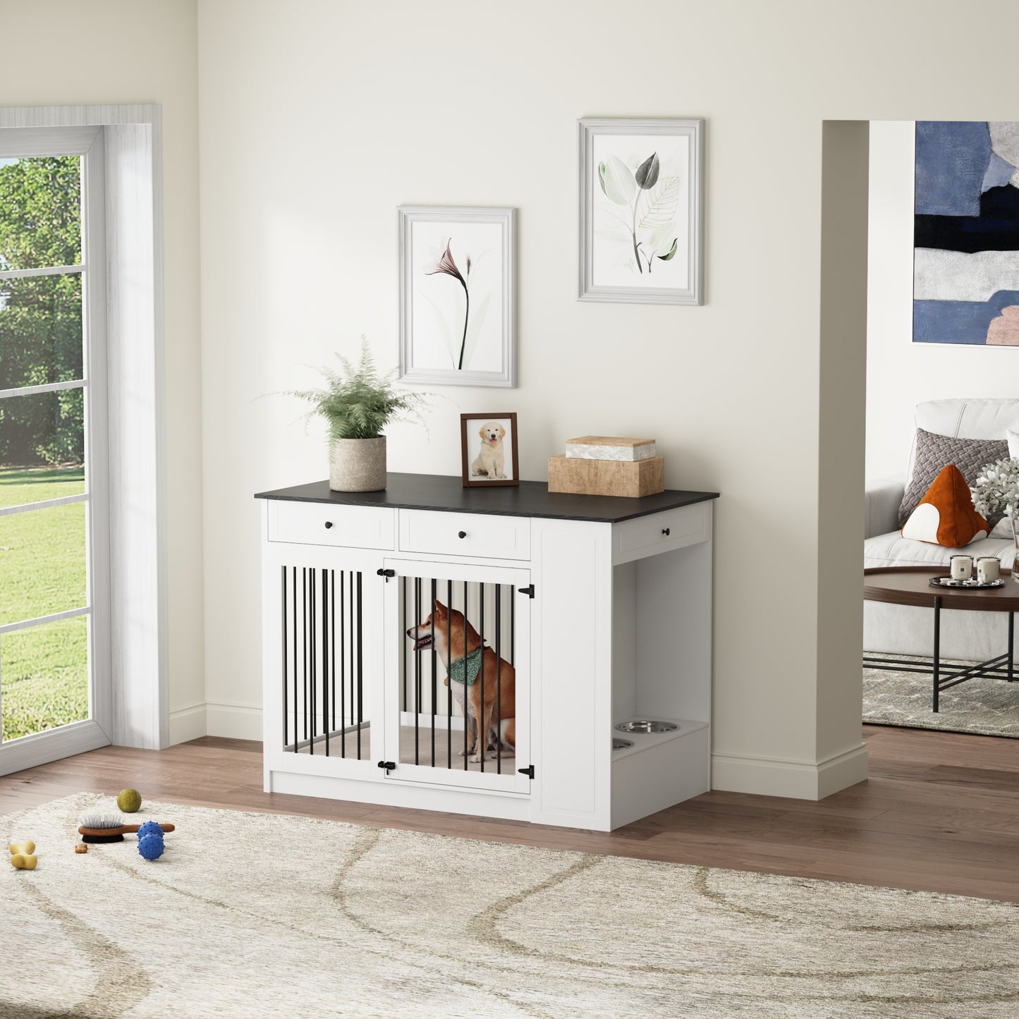 NARTRU 55" Large Wooden Dog Crate Kennel Furniture with 2 Dog Bowls and Drawers for Small, Medium and Large Dog, White