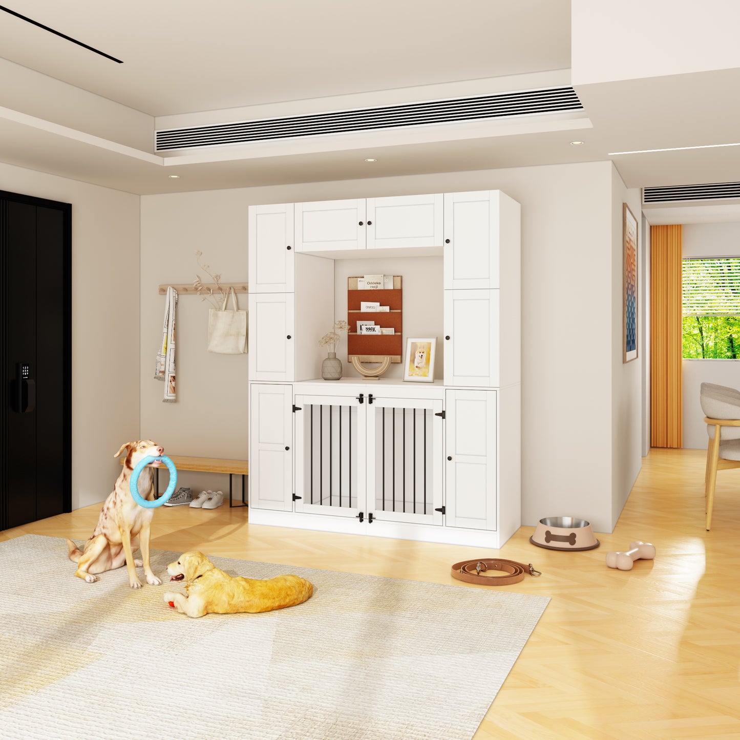 NARTRU Large Dog Crate Furniture Cabinet with 7 Storage Shelves with Doors for Small, Medium or Large Dog, White