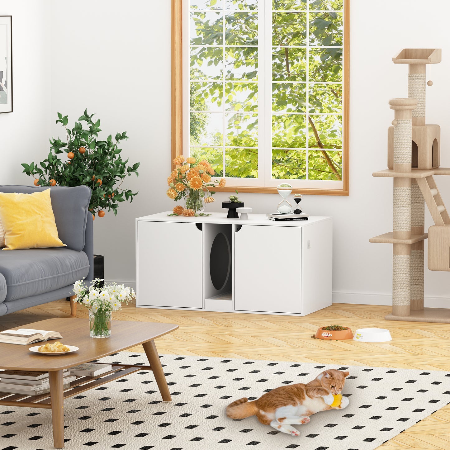 NARTRU 47.2" Wooden Large Double Cat Litter Box Enclosure Furniture Cabinet Washroom with Litter Filter for 2 Cats, White