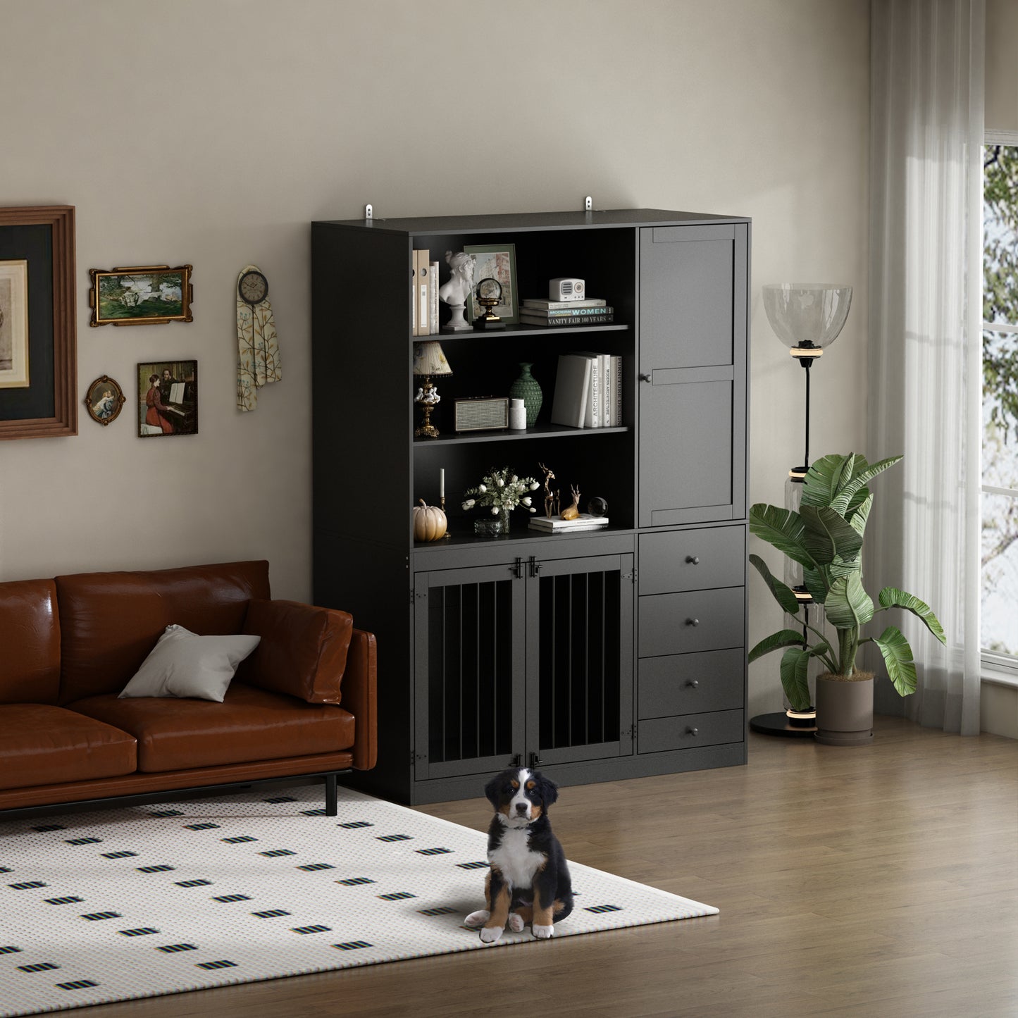 NARTRU Dog Crate Furniture Cabinet with Dog Bowls, Drawers and Shelves for Small, Medium or Large dog, Black